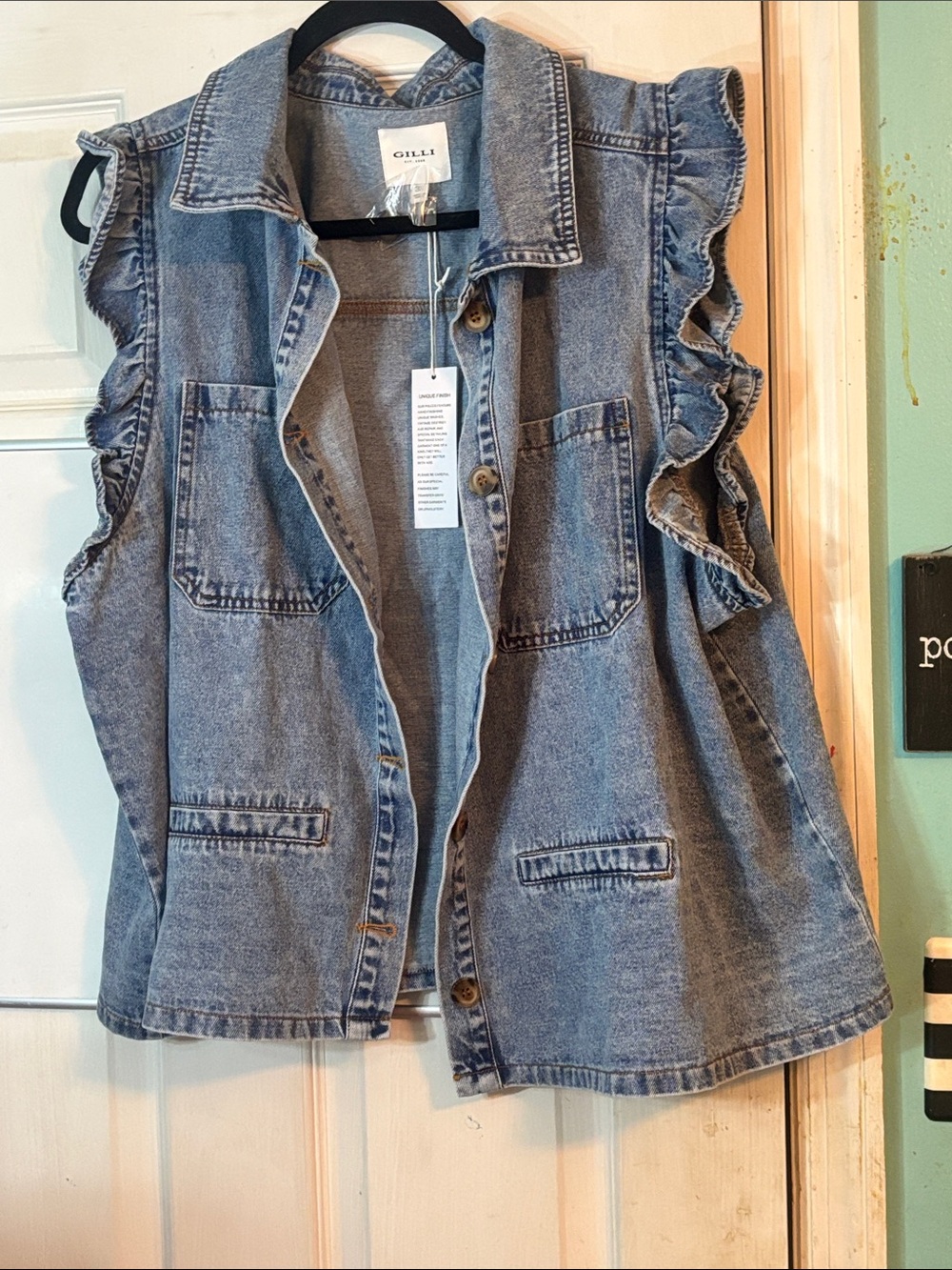Gilli Blue Ruffle-Sleeve Denim Vest Size 3X